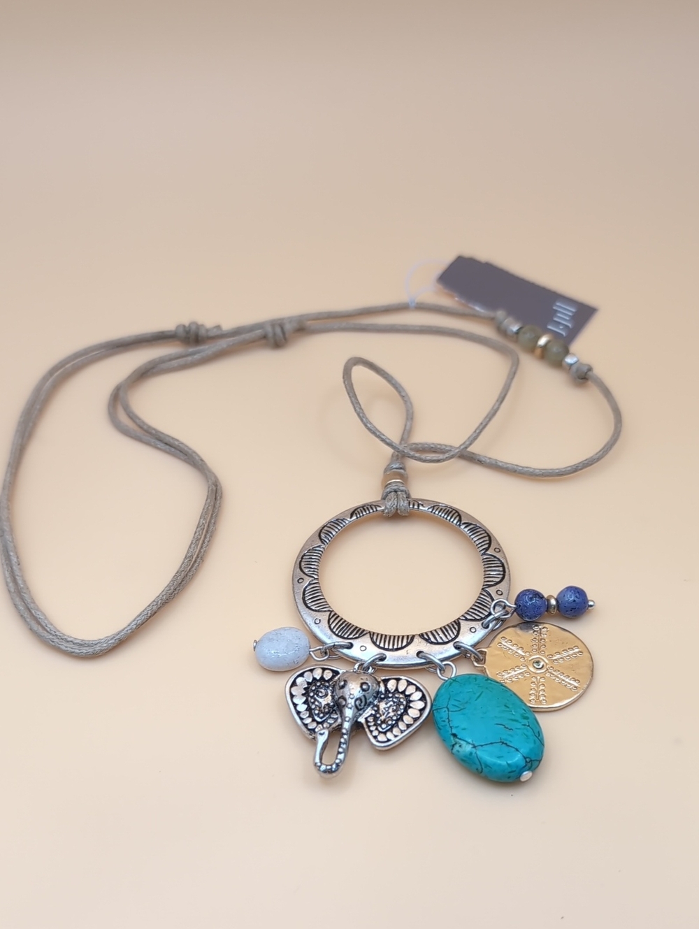 J. Jill Silver and Turquoise Elephant Charm Pendant Necklace Adjustable Cord NWT